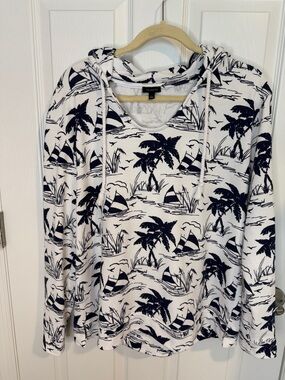 Talbots scoop neck Hoodie featuring white and navy sail away nautical print.